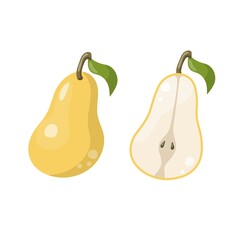 Yellow vector illustration of colorful half and whole of juicy pear. Illustration isolated on white background.