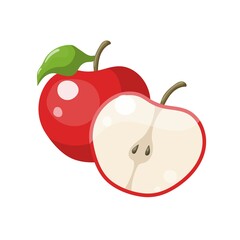 Bright vector set of colorful half and whole of juicy apple. Fresh cartoon apples on white background.