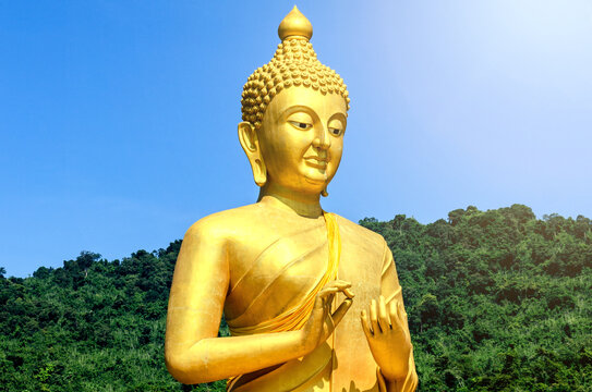 Magha Asanha Visakha Puja Day. Golden Buddha on natural background.