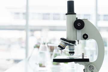 Tests of plants in laboratory. Glasswares and microscope in classroom or laboratory. Science and education. Scientific experiment, Researcher, Research concept