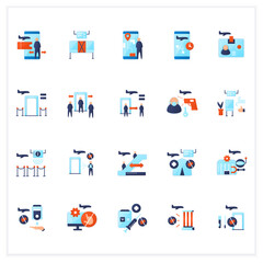 Airport new normal flat icons set. Consists of airport robotizing, biometric id, handwashing stations. Safe rules concepts.3d vector illustrations