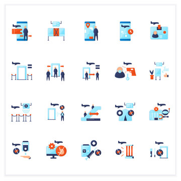 Airport New Normal Flat Icons Set. Consists Of Airport Robotizing, Biometric Id, Handwashing Stations. Safe Rules Concepts.3d Vector Illustrations