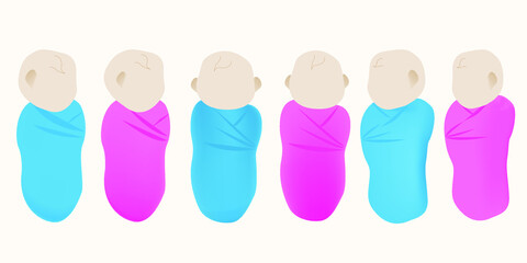 Illustration of babies in many lying posture. babies in pink and blue sky wrap.