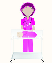 Illustration of baby lying in newborn baby crib and nurse or doctor is take care to to a baby.