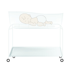 Illustration of baby lying in newborn baby crib.