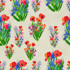 Seamless pattern with flowers. Watercolor or acrylic painting. Hand drawn floral background.
