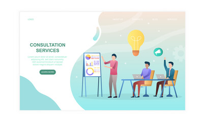 Male characters sitting in class studying business. Concept of professional business mentoring and consultation service. Website, web page, landing page template. Flat cartoon vector illustration
