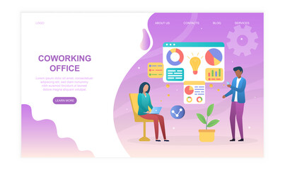 Male and female colleagues working together in coworking office. Concept of convenient way to work together in office. Website, web page, landing page template. Flat cartoon vector illustration