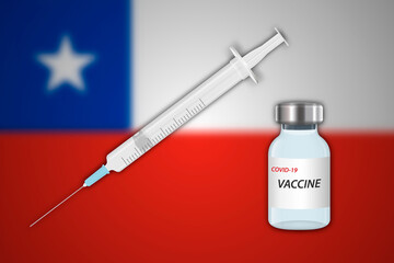 Syringe and vaccine vial on blur background with Chile flag