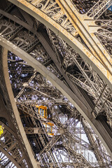 Fragments of the construction of the Eiffel tower (Eiffel Tower) on Champ de Mars in Paris. Tower is tallest structure in Paris and most visited monument in the world. France.