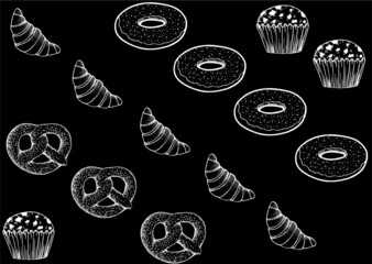 Vector illustration of abstract contour buns, cupcakes and croissants on a black background
