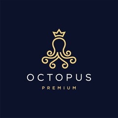abstract luxury octopus logo with crown icon design in gold color vector illustration isolated on dark background