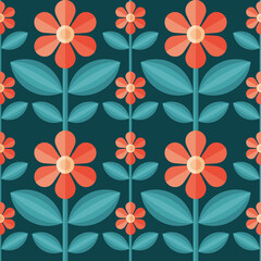 Decorative background design. Flowers and leaves mid-century modern vector artwork. Abstract geometric seamless pattern. Decoration floral ornament in retro vintage design style. 