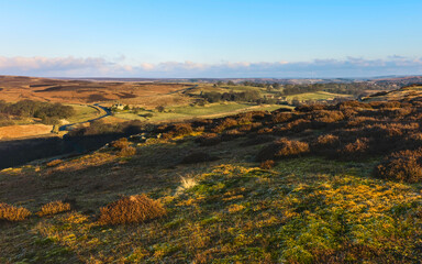 Obraz premium Sunrise over the North York Moors under blue sky. Goathland, UK.