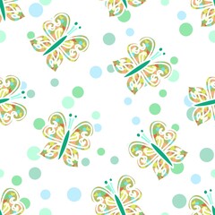 Butterfly And Polka Dot Repeat Pattern In Pale Green And Blue On White