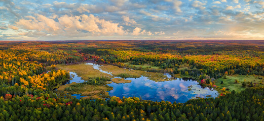 Autumn Sunset over the Bond Falls Flowage Scenic Site - Michigan Upper Peninsula - - Ottawa National Forest - obrazy, fototapety, plakaty