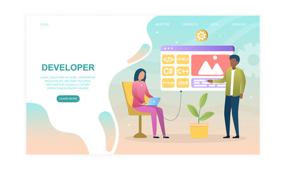Male and female developers showing their presentation. Concept of software development. Website, web page, landing page template. Flat cartoon vector illustration