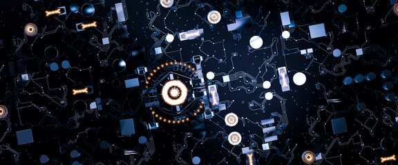 Illuminated micro chips and processors on a futuristic circuit board concept 3d render