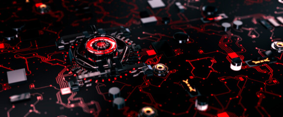 Futuristic style circuit board with illuminated processor infected by a red virus concept 3d render