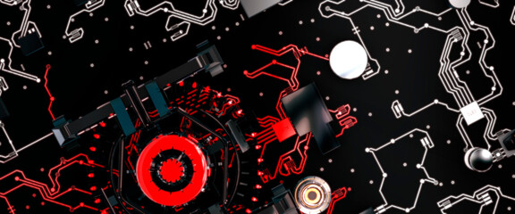 Futuristic style circuit board with illuminated processor infected by a red virus concept 3d render