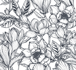 Black and white vector floral seamless pattern of magnolia flowers and branches.