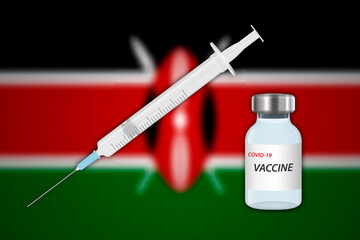 Syringe and vaccine vial on blur background with Kenya flag,