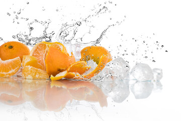 Fototapeta na wymiar tangerines on a white background, water splash, crushed ice, ice cubes