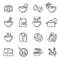 Oatmeal, cookies thin line icons set isolated on white. Cereal, milk, bowl, packaging pictograms.