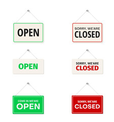 Open, come in, sorry we are closed hanging signs on door set in realistic style. Store boards, plaque.