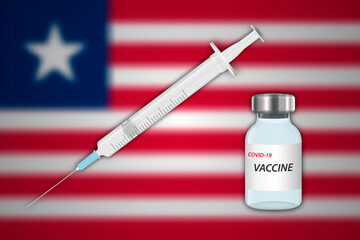 Syringe and vaccine vial on blur background with Liberia flag,