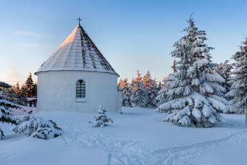 Baroque Kunstatska Kaple (chapel), Jiraskova cesta, Orlicke hory, Eagle mountains, Rychnov nad Kneznou region near Hradec Kralove, Eastern Bohemia, Czech Republic
Beautiful Sunrise in Winter time.
