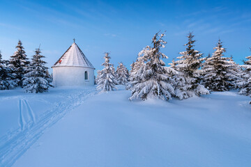 Baroque Kunstatska Kaple (chapel), Jiraskova cesta, Orlicke hory, Eagle mountains, Rychnov nad Kneznou region near Hradec Kralove, Eastern Bohemia, Czech Republic
Beautiful Sunrise in Winter time.