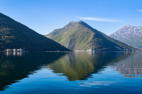 Donji Stoliv, Boka Kotorska bay, Montenegro. Seashore view with mountains