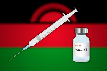 Syringe and vaccine vial on blur background with Malawi flag,