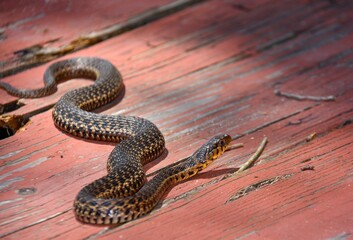 Snake sunning itself on a deck
