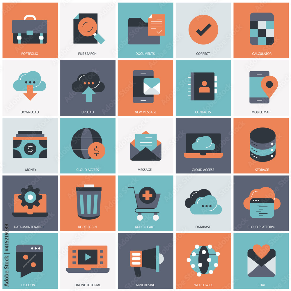 Wall mural business, technology and management icon set for websites and mobile applications. flat vector illus