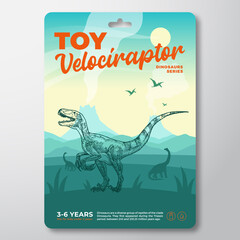 Toy Dinosaur Label Template. Abstract Vector Packaging Design Layout. Modern Typography with Prehistoric Volcano Landscape and Hand Drawn Velociraptor Sketch Background. Isolated