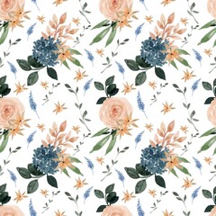 Gorgeous Blue And Peach Floral Seamless Pattern