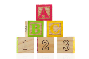A B C 1 2 3 Wooden blocks on white background