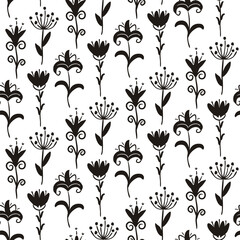 Seamless balck and white pattern of hand-drawn flowers. Cute fantastic silhouette flowers. Vector illustration.