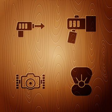 Set Shell With Pearl, Fishing Harpoon, Photo Camera And Flashlight On Wooden Background. Vector.