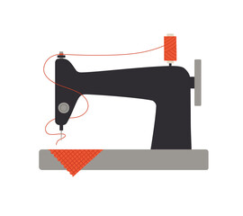 Vector illustration of a sewing machine with red thread and fabric. Hand-drawn illustration in flat style isolated on white background. Sewing hobby concept.