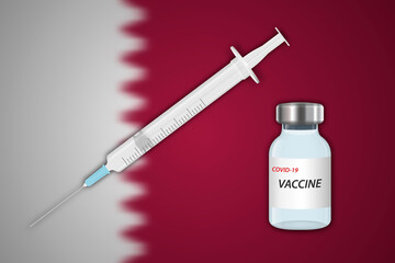 Syringe and vaccine vial on blur background with Qatar flag