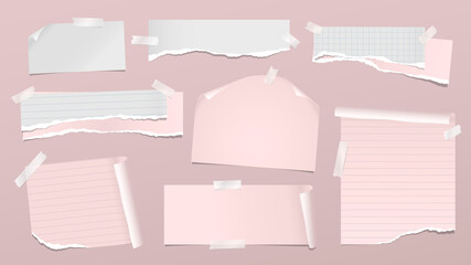 Set of torn pink note, notebook paper pieces with folded corners stuck on pink background. Vector illustration
