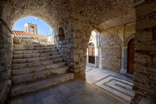 The stone tower of Logothetis, of the 19th century, built upon the remains of an older byzantine fortification, near Pithagorio town, in Samos island, Northern Aegean Sea, Greece, Europe