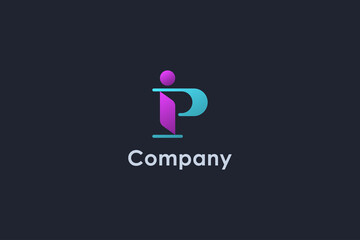 Abstract Initial Letter I and P Linked Logo. Blue Light and Purple Geometric Shape isolated on Blue Background. Usable for Business and Branding Logos. Flat Vector Logo Design Template Element.