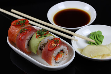 Japanese food sushi and rolls, healthy lifestyle concept