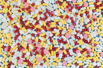 Heap of various Of Multi Colored Pills Medicine concept Flat Lay  Full Frame Shot