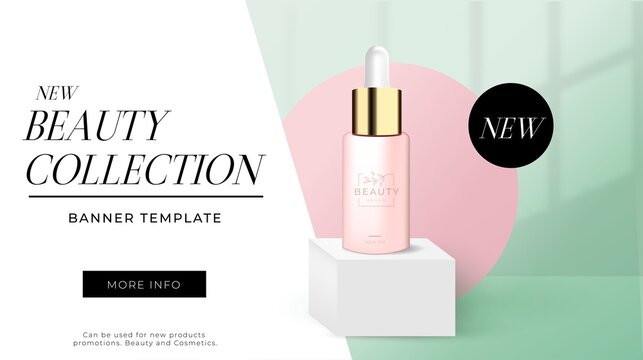 Luxury 3d ad banner template. Skincare or makeup pink bottle on white podium with pink and green background. Realistic vector illustration for new product launch, summer or spring sale, email.