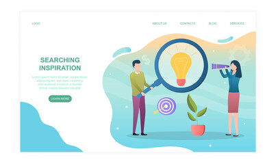 Male and female characters are searching for ideas to expand the business. Concept of inspiration search. Website, web page, landing page template. Flat cartoon vector illustration